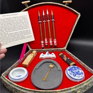 East Asian Calligraphy Set with Red Interior